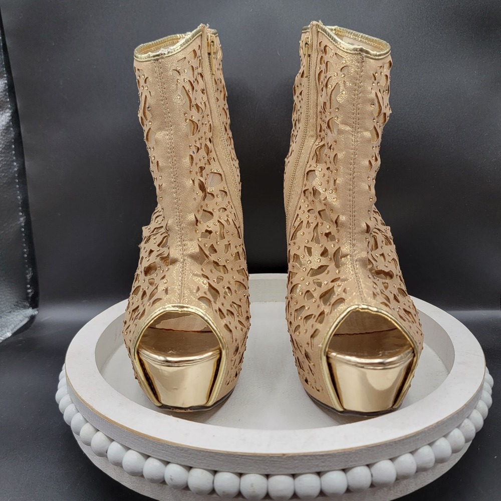 Two Lips Gold Metallic Laser Cut Stiletto Heels Size 9 Y2K Club Party Dancer - Picture 2 of 12